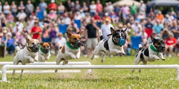 Jack Russell Terrier jumping a hurdle during hurdle racing training