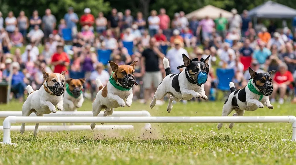 Jack Russell Terrier jumping a hurdle during hurdle racing training
